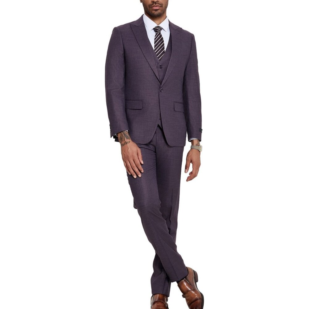 Maroon Wide Peak Lapel 3 Piece Skinny Fit Tazzio Men's Suit